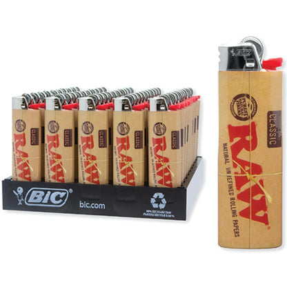 Display of RAW Classic Design lighters in a BIC product tray, featuring RAW lighters