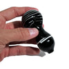 Glossy solid black spoon pipe with white stripes wrapped, featuring a rounded massage head