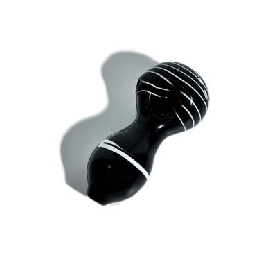 Glossy Solid Black Spoon Pipe with White Stripes Wrapped Around It for Smoking