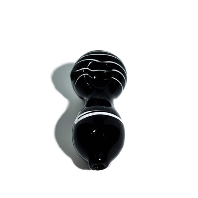 Glossy solid black spoon pipe with white stripes wrapped accents