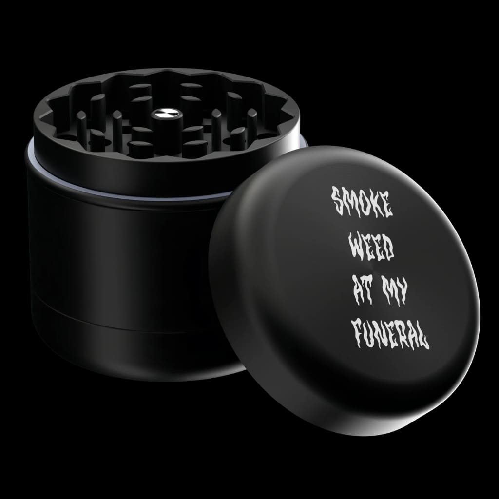 Blackcraft Cult black metal herb grinder with smoke weed at my funeral lid
