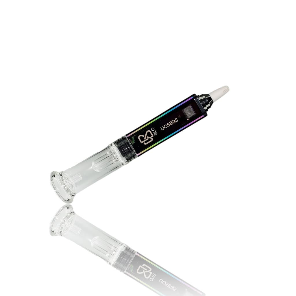 Clear syringe-like electronic nectar collector with black and iridescent vapor tip for Blo Season Electronic Vaporizer