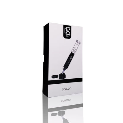 Black and white vape pen box for Blo Season Electronic Nectar Collector Vaporizer featuring vapor tip