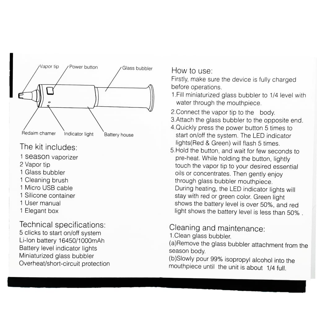 Vaporizer kit instructions for Blo Season Electronic Nectar Collector with vapor tip