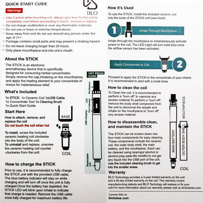 Quick start guide for STICK, an electronic aromatherapy device for consuming herbal concentrates