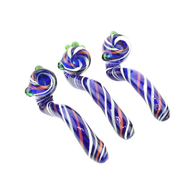 Colorful glass pipes with swirled patterns in Blue Rotate Art Bent Sherlock Pipe design