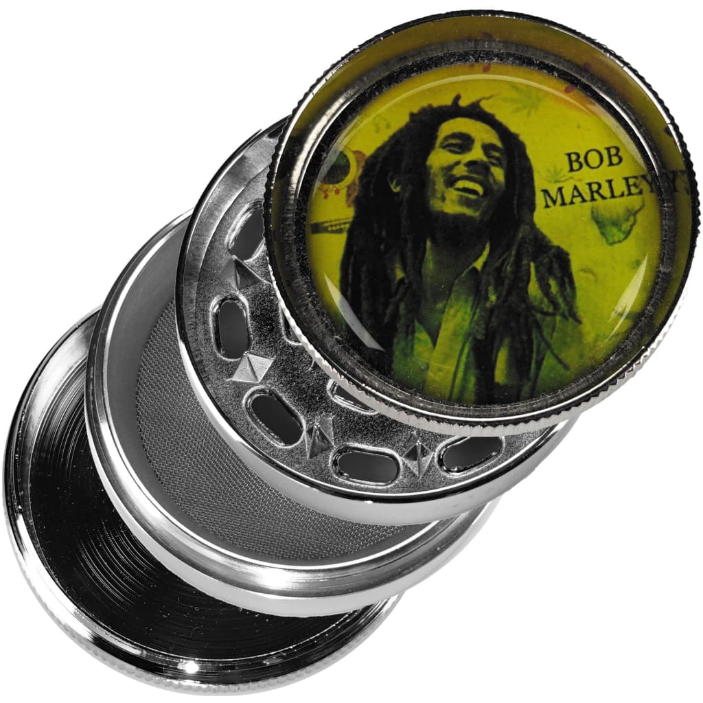 Metal ear gauge plug with Bob Marley image in Fine Toothed Metal Grinder with Pollen Screen