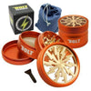 Orange metal Bolt Grinder classic with lightning bolt design and denim carrying pouch