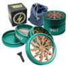 Herb grinder with lightning bolt design and denim carrying pouch from Bolt Grinder Classic