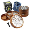 Herb grinder with lightning bolt branding, compartments, and denim carrying pouch for best weed grinders