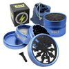 Blue metal Bolt Grinder classic with compartments and denim carrying pouch for best weed grinders