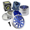 Herb grinder with lightning bolt branding and blue components, Bolt Grinder with Denim Carrying Pouch