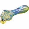 Bone Head Skull Glass Pipe with blue and yellow swirls and a decorative fish design