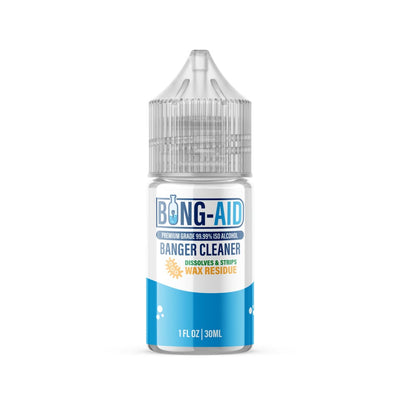 Bong Aid 1oz Banger Cleaner in a clear bottle with 99% Isopropyl Alcohol
