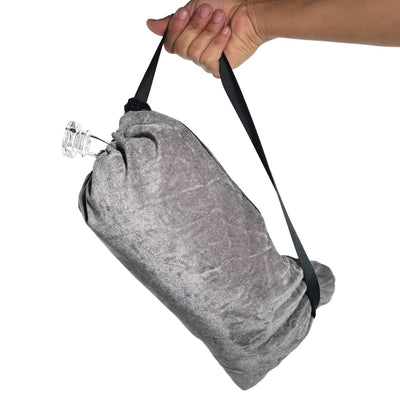 Gray cylindrical travel pillow for safe glass transport, fully lined and innovative tubular design