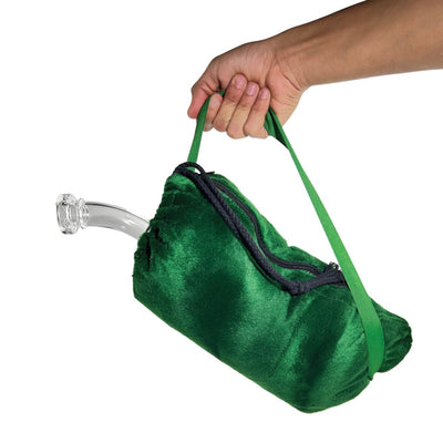 Innovative tubular green velvet bag for safe glass transport, fully lined and protective