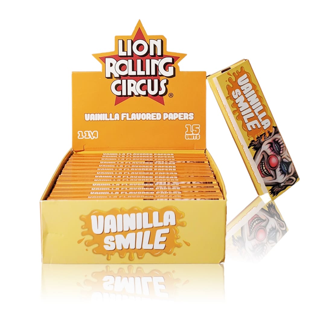 Box of Lion Rolling Circus vanilla flavored rolling papers, slow burn rate