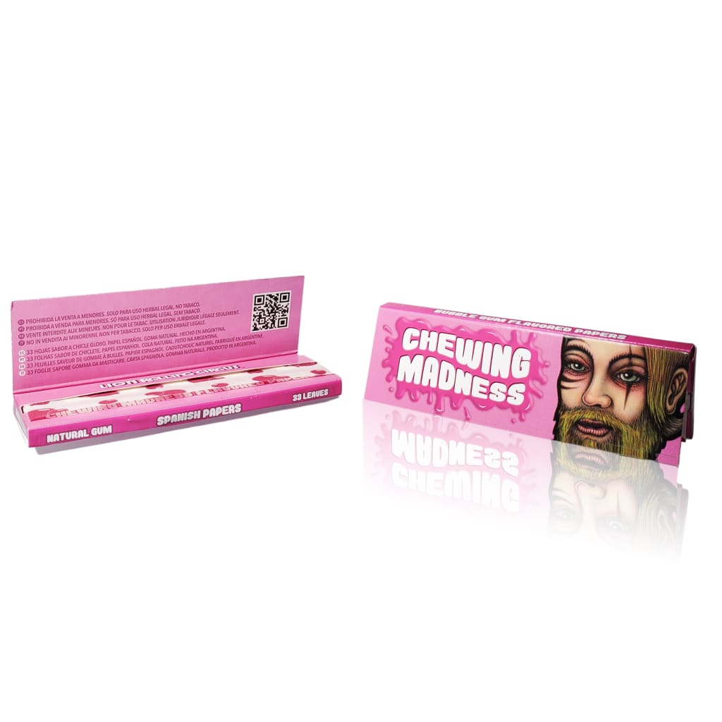 Pink packaging for Lion Rolling Circus Flavored Rolling Papers featuring a bearded face illustration