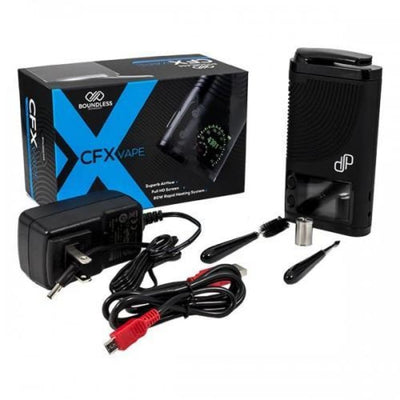 Boundless CFX vaporizer with rapid heating, HD display, accessories, and packaging shown