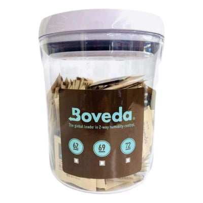 Clear plastic container with Boveda Humidifying Packs for effective humidity control