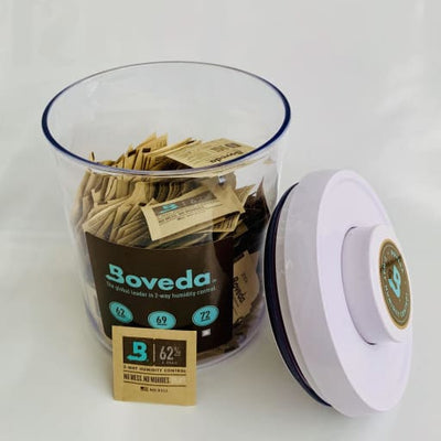 Glass jar with Boveda Humidifying Packs for optimal humidity control and herb moisture