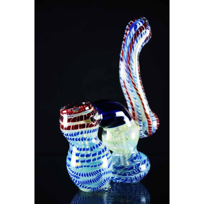 Colorful double chamber glass bubbler with intricate spiral patterns and upward twists