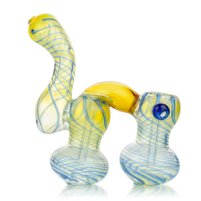 Double Chamber Glass Bubbler with yellow and blue swirls twists, enhancing smoke rolling slowly