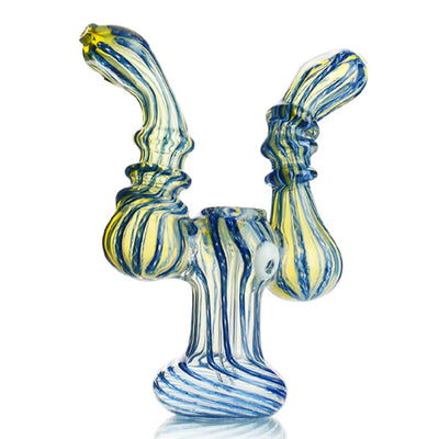Couples Twisting Art Double Mouth Bubbler with swirling blue and yellow patterns