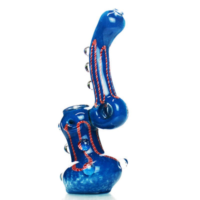 Bubbler frit glass donut neck pipe with blue glass, red spirals, and multiple chambers