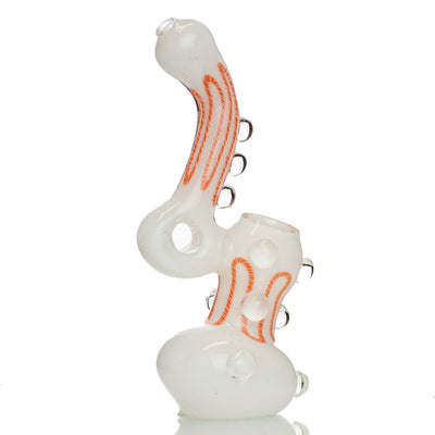 Curvy frit glass donut neck pipe with orange stripes and multiple attachment points
