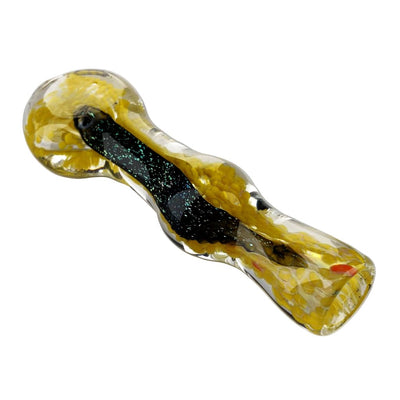 Bumble Bee Chillum: Black Hand Pipe with Yellow and Black Swirled Fritted Glass Patterns