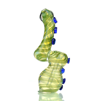 Button Bubbler Silver Fume Glass Pipe with Yellow-Green Swirls and Blue Accents