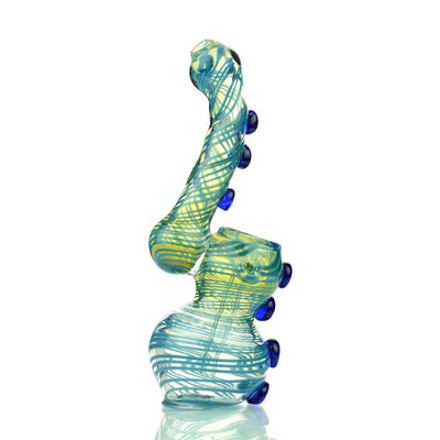 Colorful Button Bubbler Silver Fume Swirl Glass Pipe with Blue Accents and Twisted Shape
