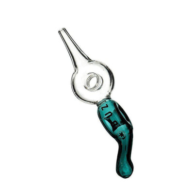 Teal Buzz Glass nectar collector with double donut design and curved nozzle