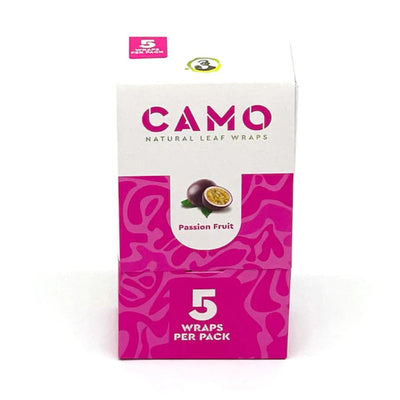 Box of Camo brand natural leaf wraps in passion fruit flavor - 5 wraps per pack