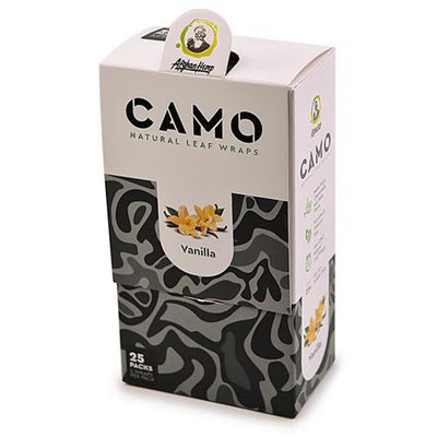 Box of Camo natural leaf wraps with vanilla flavor, 25 packs, chamomile & mate blunt wraps