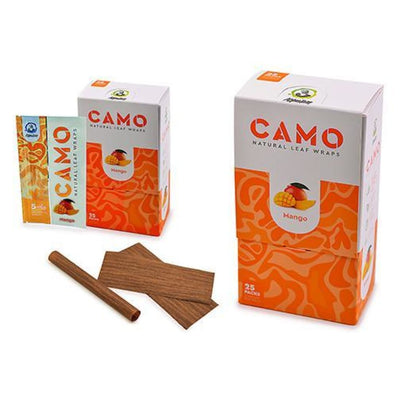 Mango-flavored natural leaf wraps in orange and white boxes, made from camo natural leaf