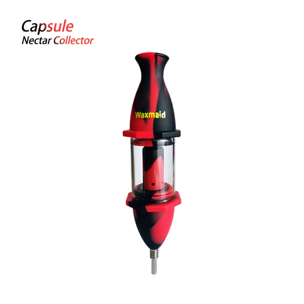 Red and black Waxmaid Capsule Nectar Collector with silicone glass and tapered tip