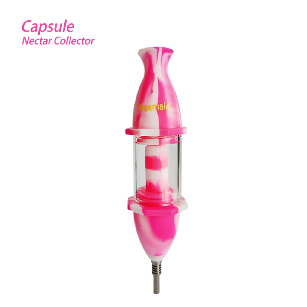 Pink and white Waxmaid Capsule Nectar Collector with silicone glass and tapered ends