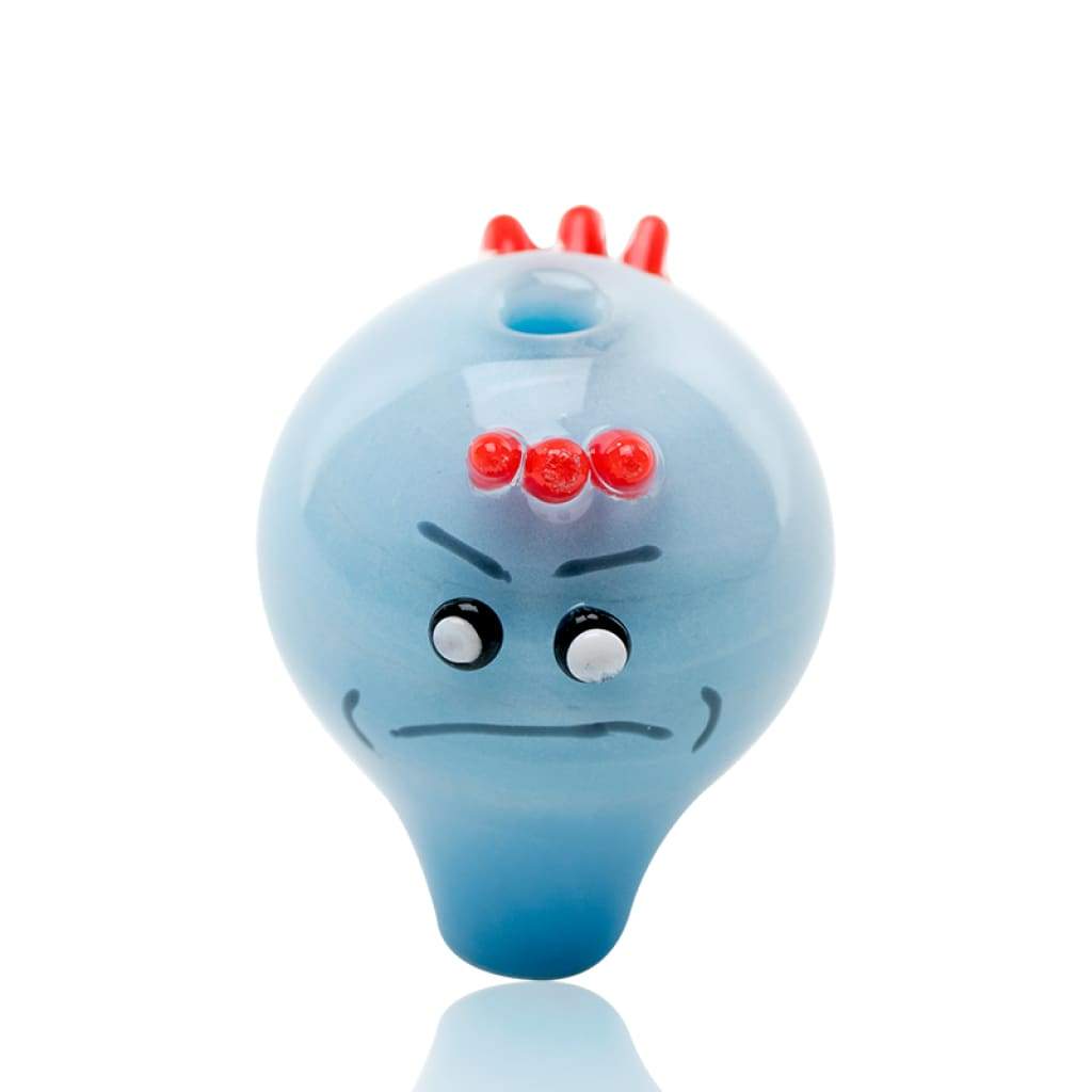 Empire Glassworks Blue Twins Carb Cap: Light blue cartoon character with frowning expression