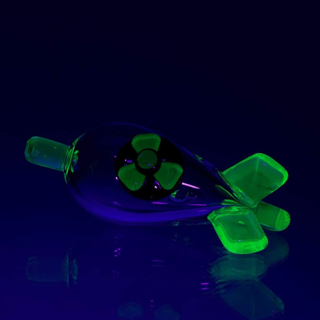 Glass pipe with glowing green accents, Radioactive Bomb Carb Cap by Empire Glassworks