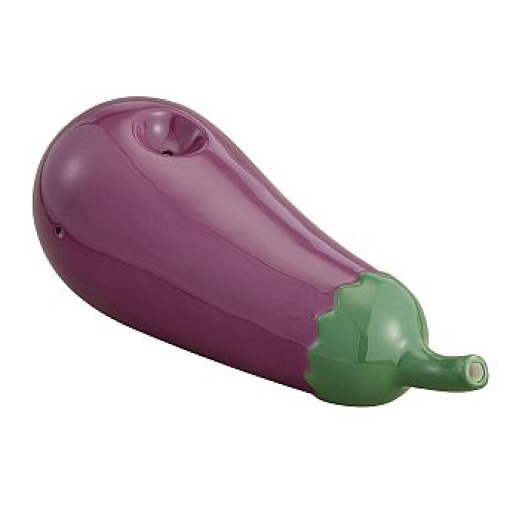 Purple plastic eggplant toy with green stem next to Ceramic Eggplant Hand Pipe for novelty gifts