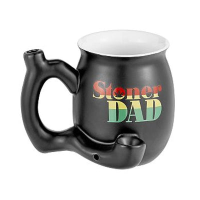 Black Ceramic Matte Black Mug with Pipe and Stoner Dad Text in Rasta Colors