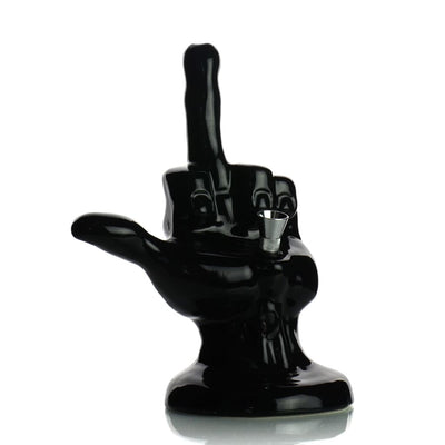 Ceramic Middle Finger Hand Pipe 7 holding a small shot glass: unique black sculpture