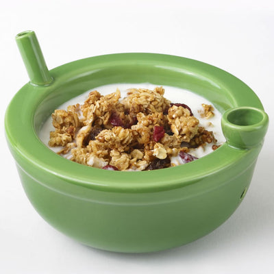 Green Ceramic Novelty Roast & Toast Cereal Bowl filled with granola and milk