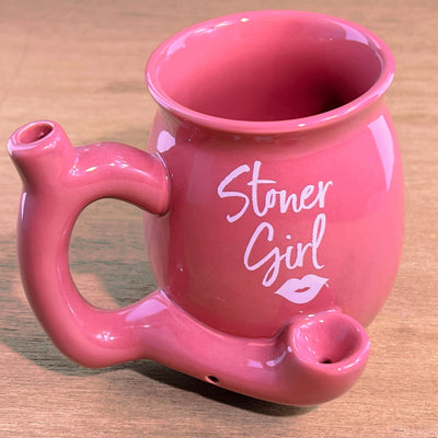 Pink Stoner Girl ceramic mug with built-in hand pipe for a unique sipping experience