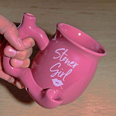 Pink stoner girl ceramic mug hand pipe with text and integrated small pipe, perfect for her