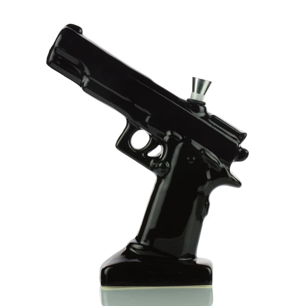 Ceramic Gun Water Pipe: Black handgun-shaped liquor bottle on a stand, hand pipe approx 325g