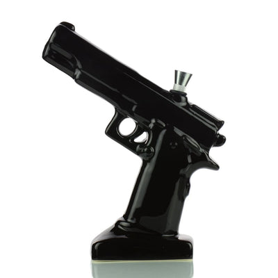 Ceramic Gun Water Pipe: Black handgun-shaped liquor bottle on a stand, hand pipe approx 325g