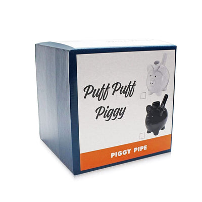 Ceramic white piggy hand pipe box labeled Puff Puff Piggy with fun pigs illustrations